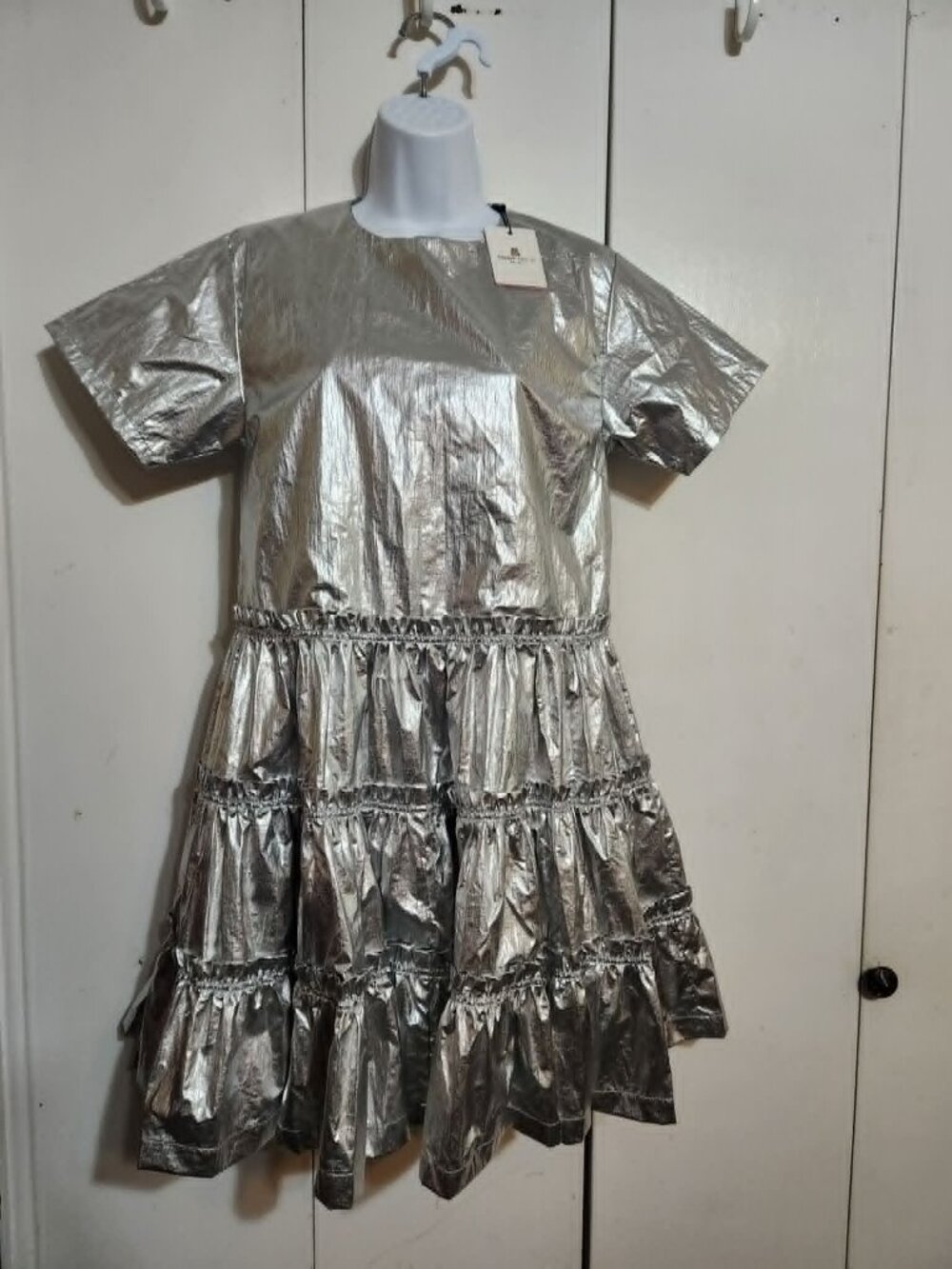 Teddy Fresh Silver Metallic Tiered Mini Dress Women's Small NWT Futurist Y2K